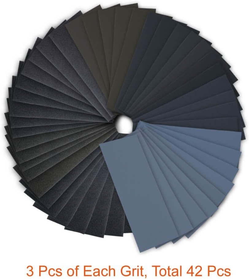 42 Pcs Wet and Dry Sandpaper Abrasive Sheets for Automotive Furniture Finishing