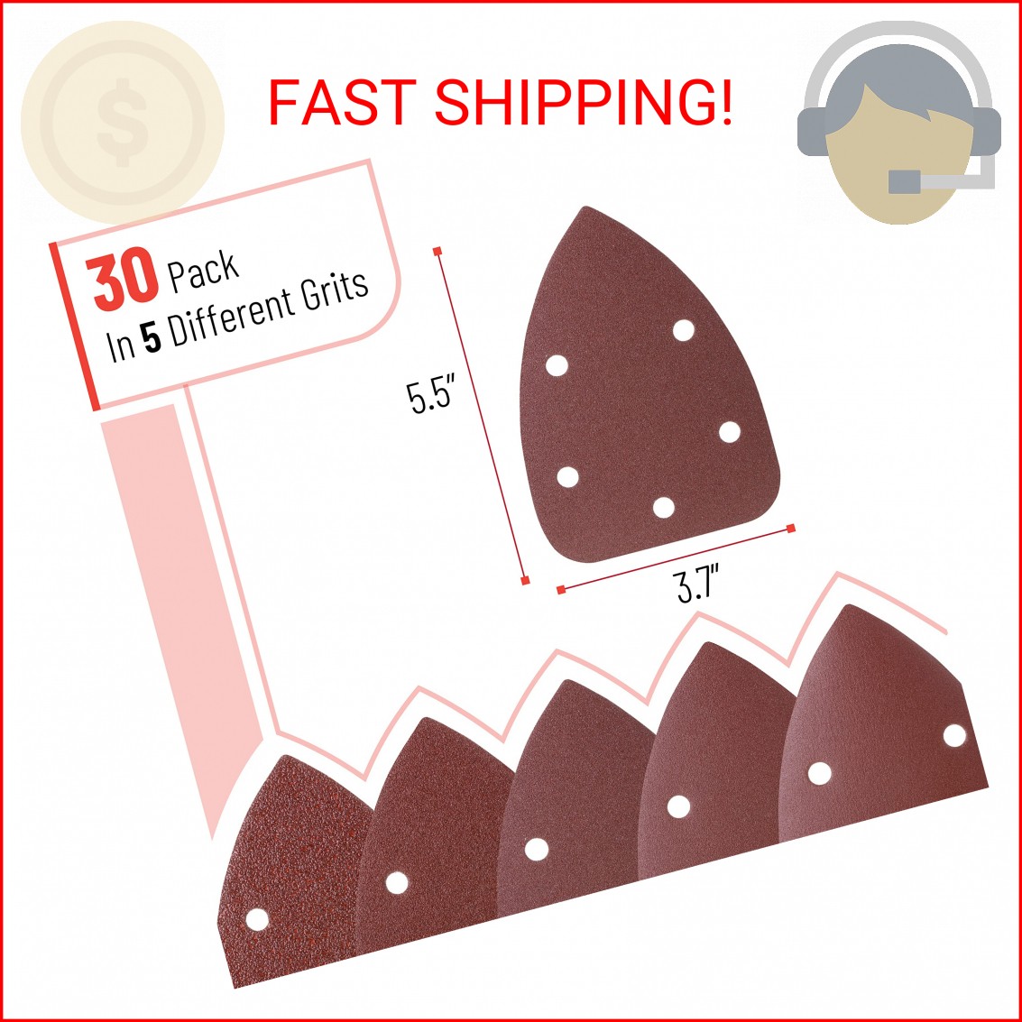 Bates- Mouse Detail Sander Sandpaper, 30 pcs, 40/80/120/180/240 Grits, Sanding P