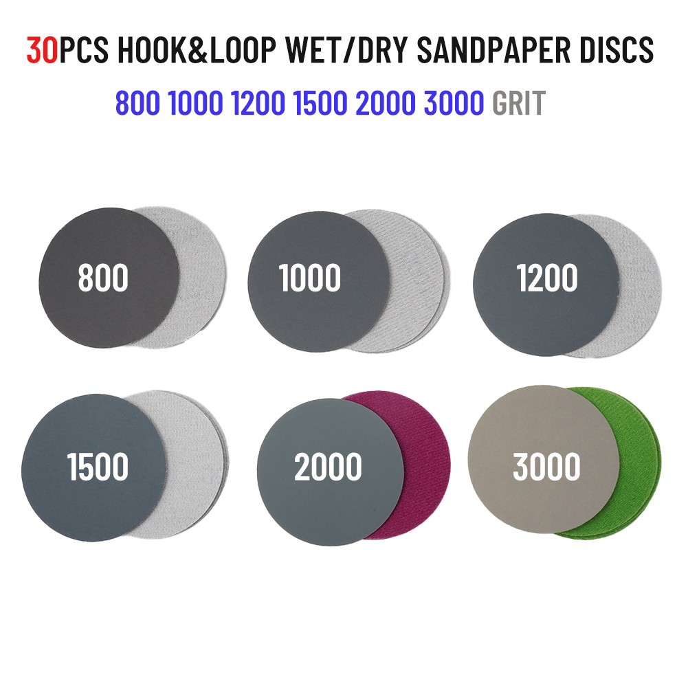 30pcs 3in/75mm Hook&Loop Wet/Dry 800 1000 1200 1500 3000Grit Sanding Discs