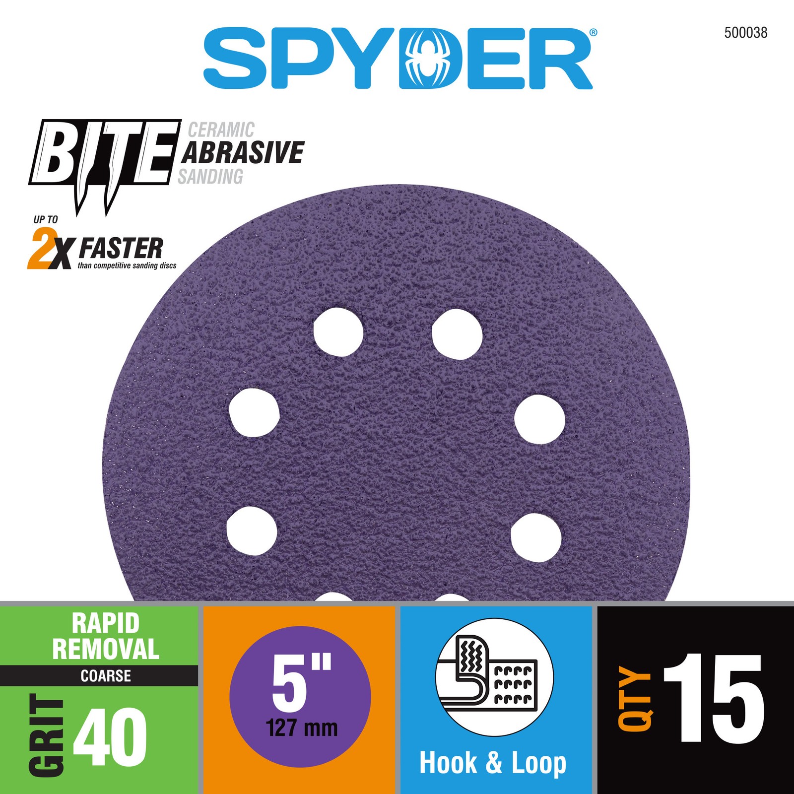 Spyder 5 in. x 8-Hole 40 Grit Ceramic Sanding Discs 15-Pack 500038