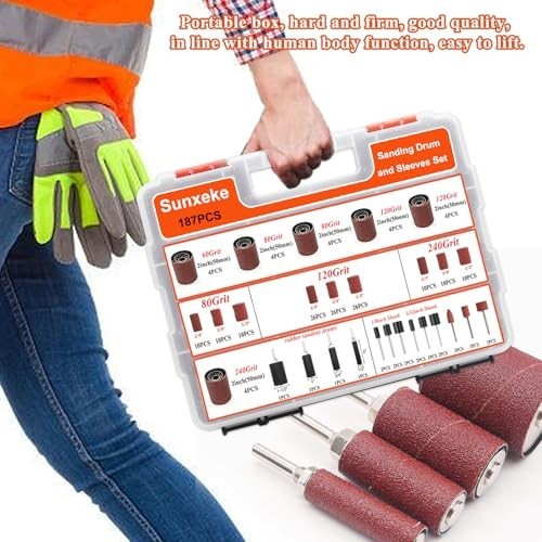 187-Piece Sanding Drum Kit for Drill & Press – 2″ Sleeves, Rubber Drums, 1/4″ Sh