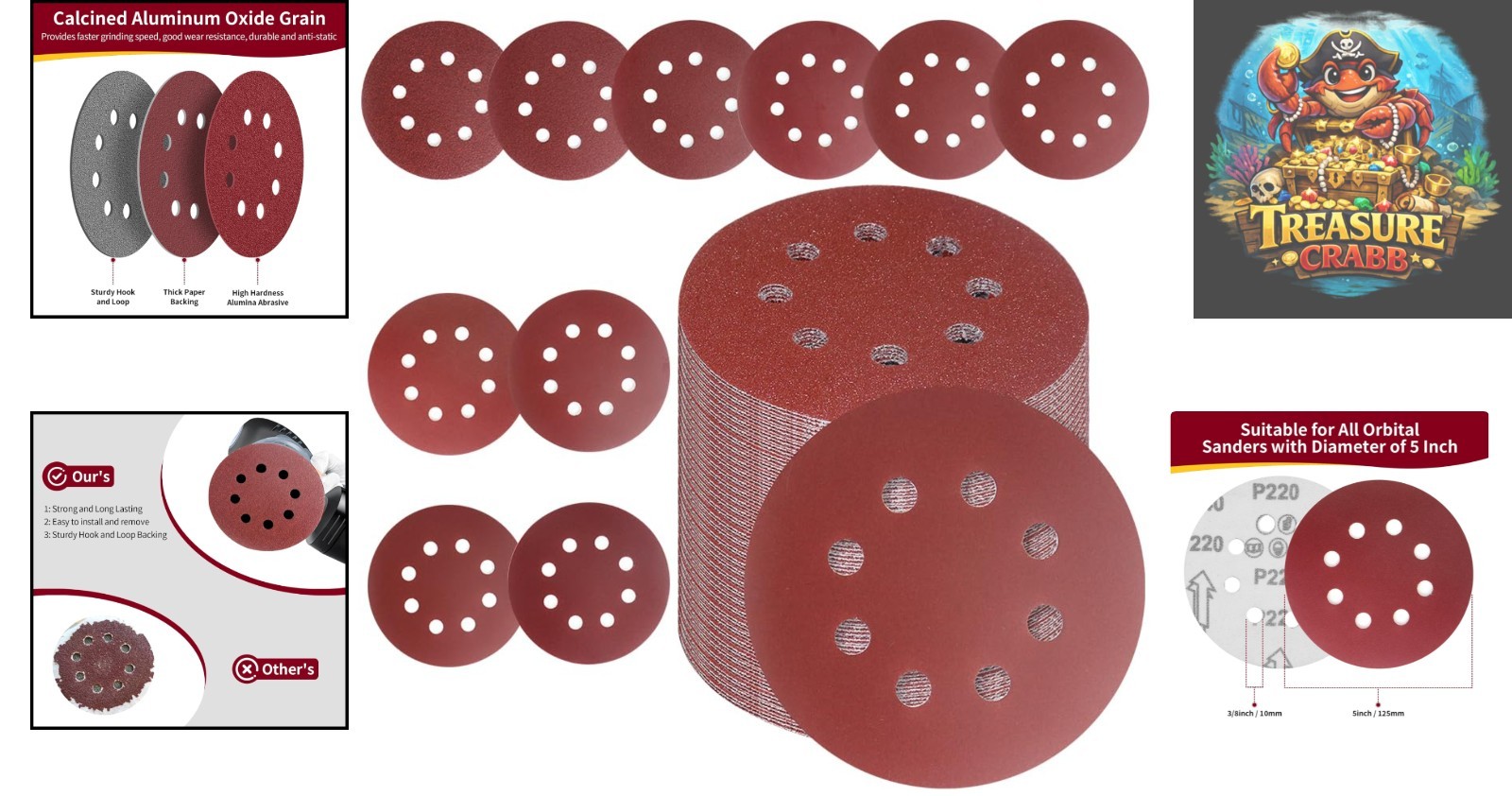 Efficient 50 PCS 5 Inch Sanding Discs with Dust Extraction & Strong Adhesion