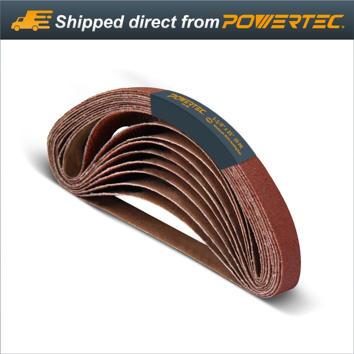 POWERTEC 412112 1-1/8-Inch x 21-Inch 120 Grit Aluminum Oxide Sanding Belt, 10PK