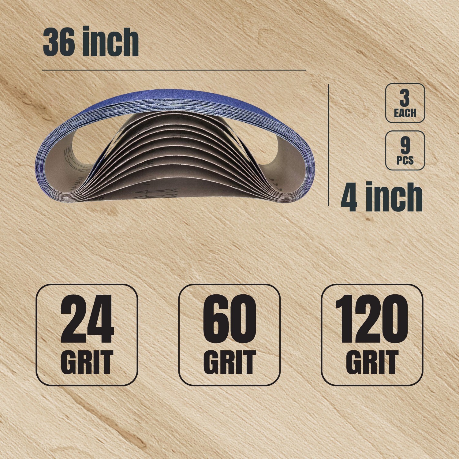 POWETEC 4 x 36″ Zirconia Sanding Belt Assortment 3 each of 24/60/120 Grit – 9PK