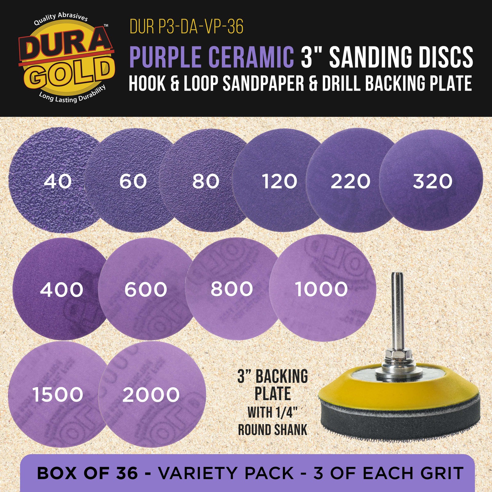 3″ Sanding Discs, 36 Disc Variety Pack – Hook & Loop Sandpaper & Drill Plate