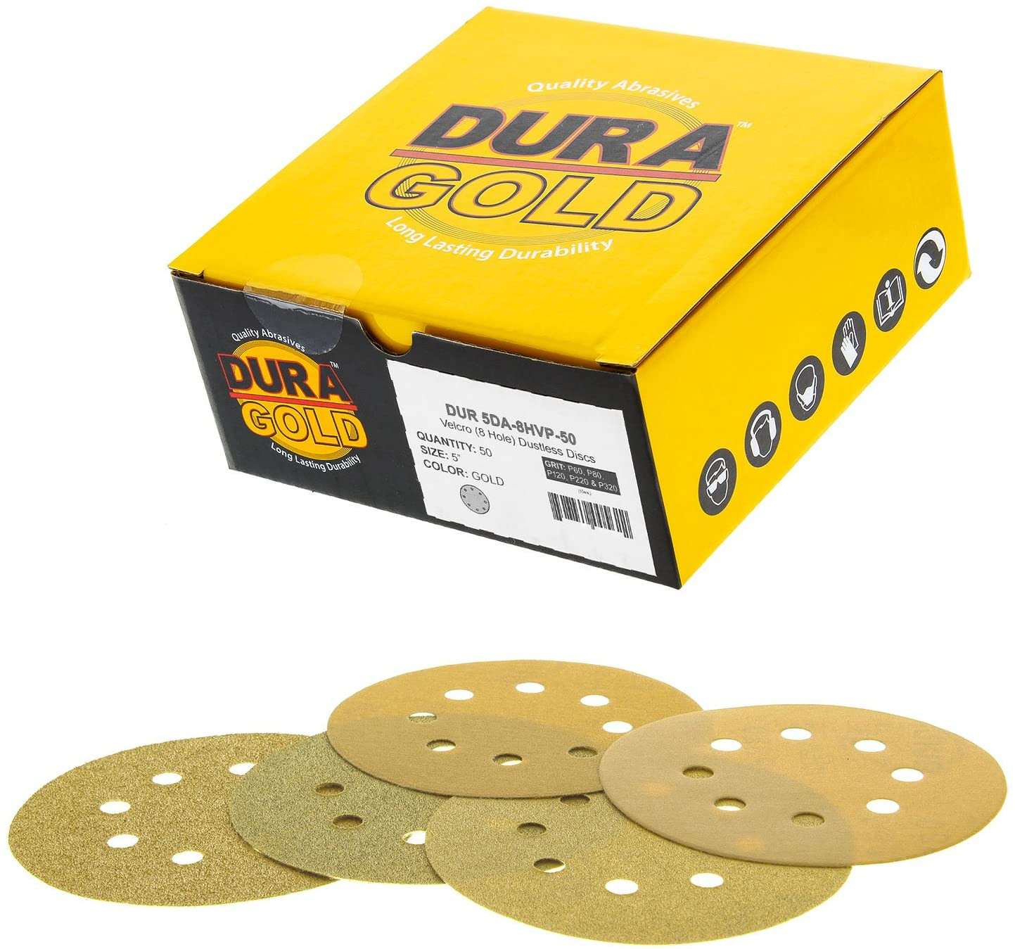 Dura-Gold Premium – Variety Pack – 5″ Gold Sanding Discs – 8-Hole Dustless Hook
