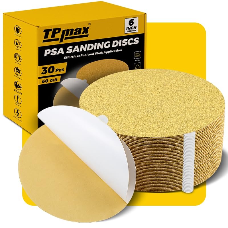 TPmax 6-Inch 60-Grit Gold PSA Sanding Discs, 30 Pack – Pro-Grade 6-Inch,