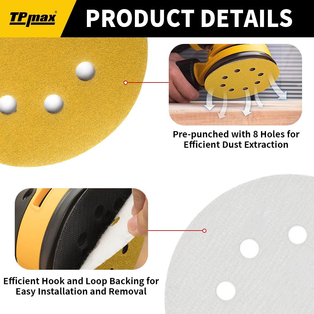 100PCS 5 Inch 125mm 8 Hole Sanding Discs Sandpaper Mixed Grits Premium Gold …