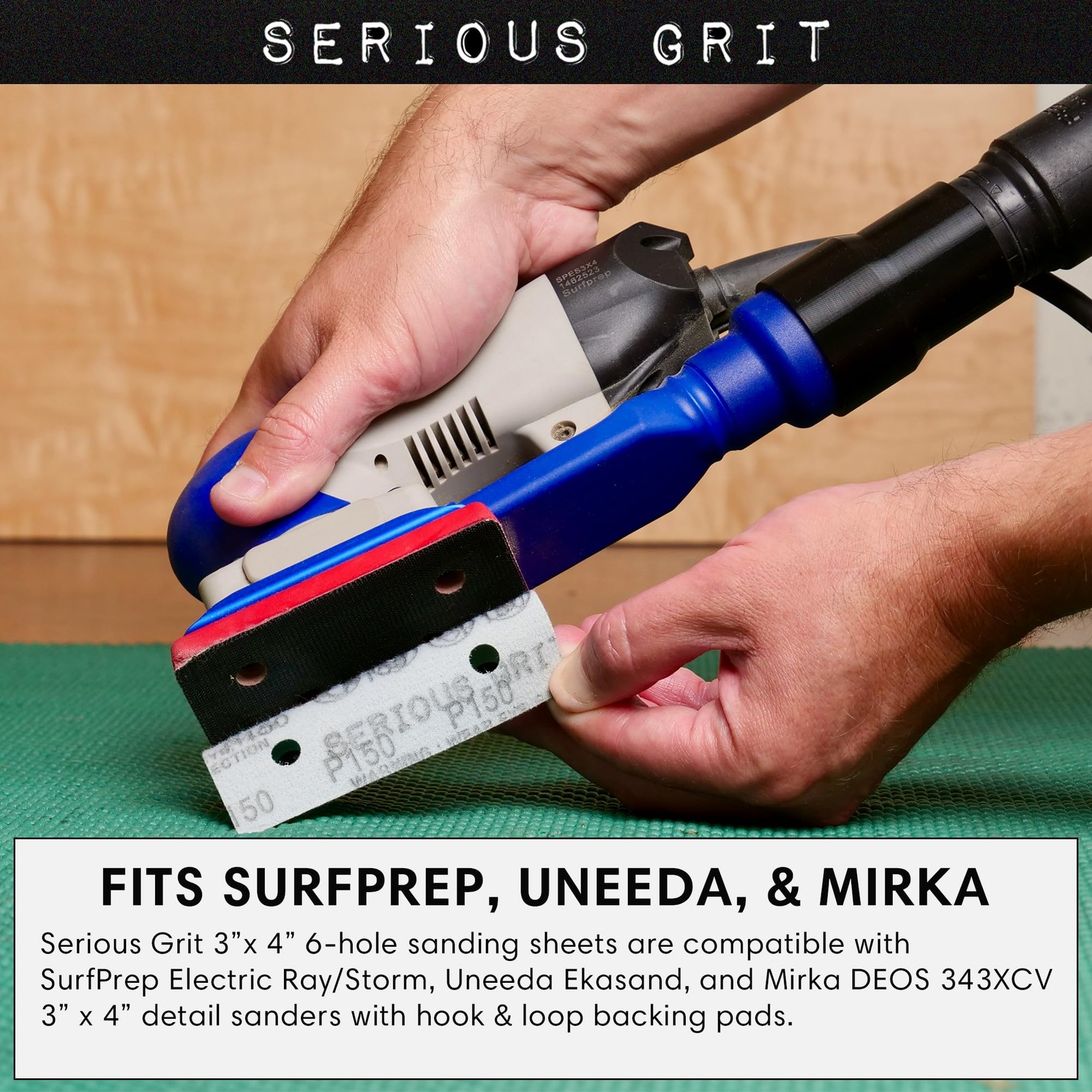 Serious Grit – 3″ x 4″ 6-Hole 40 Sanding Sheets – Fits 40 Grit, Green
