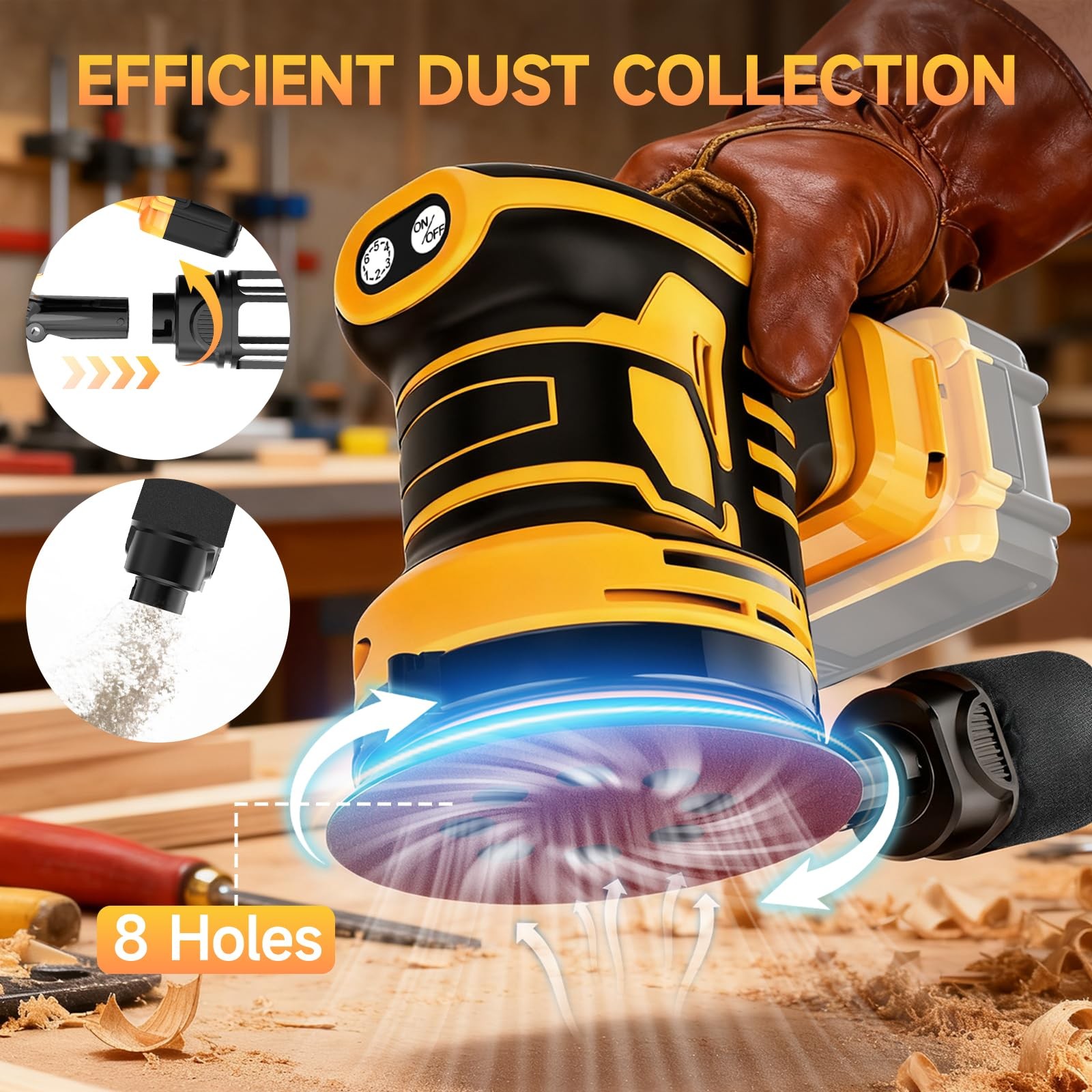 5-Inch Random Orbital Sander, 5 inch orbital sander, Black and Yellow