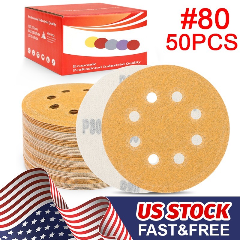 50-PACK 5 inch Sanding Discs 8-Hole Hook Loop for Orbital Sander Paper 80 Grit