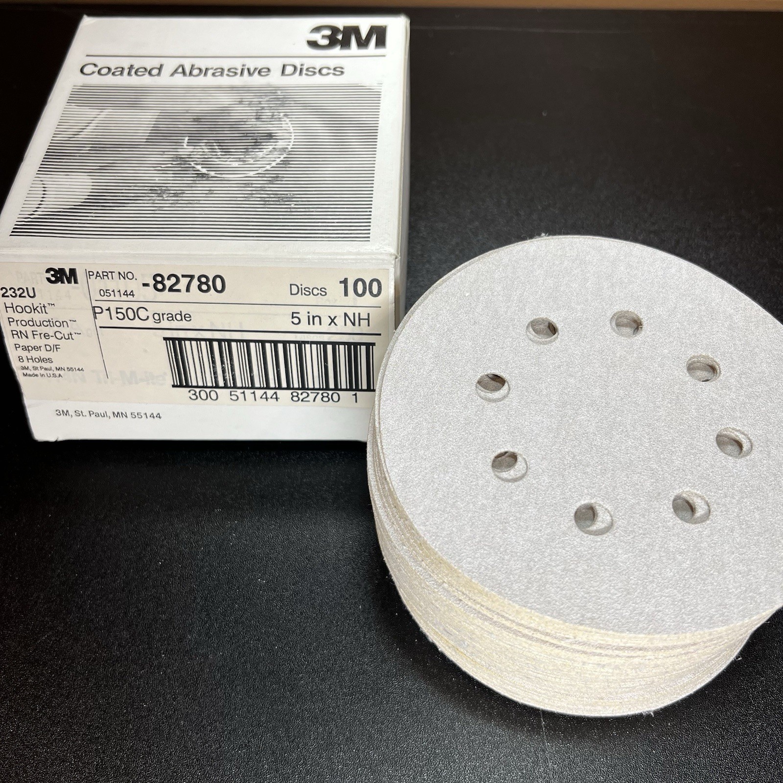 3M Abrasive Discs #82780, 232U Hookit RN Fre-Cut P150C 5″xNH, NOS box of 100