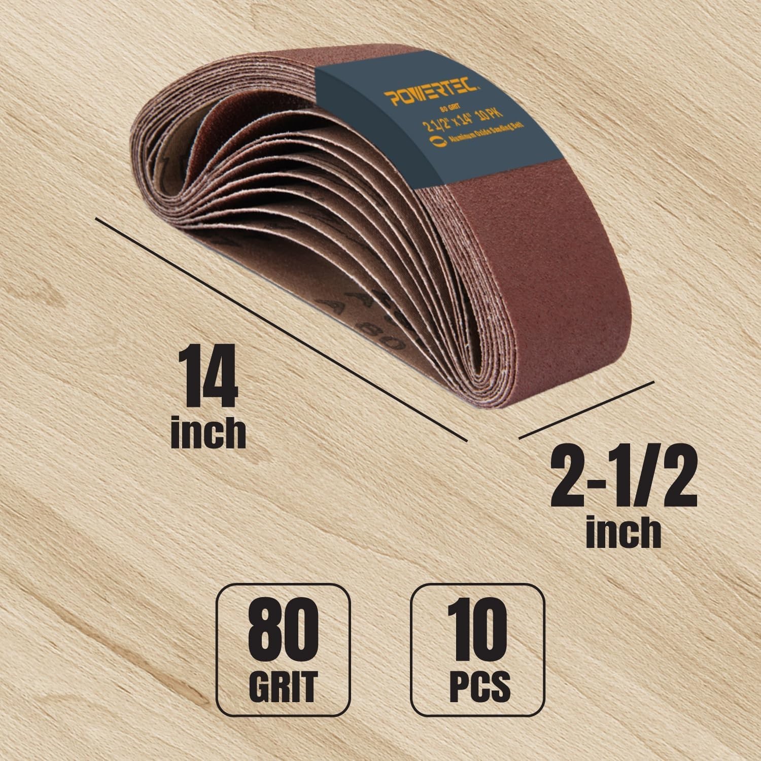 10-Pack 2-1/2 x 14 Inch Aluminum Oxide Sanding Belts, 80 Grit – For Wood & Metal