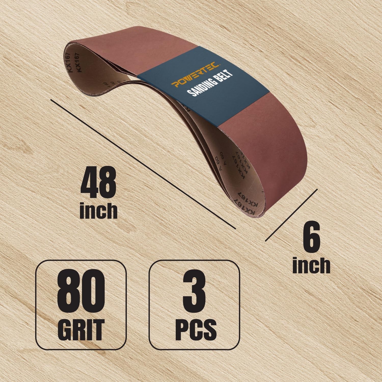 POWERTEC 3PK 6 X 48 Inch Sanding Belts, 120 Grit Aluminum Oxide Belt Sander Sand