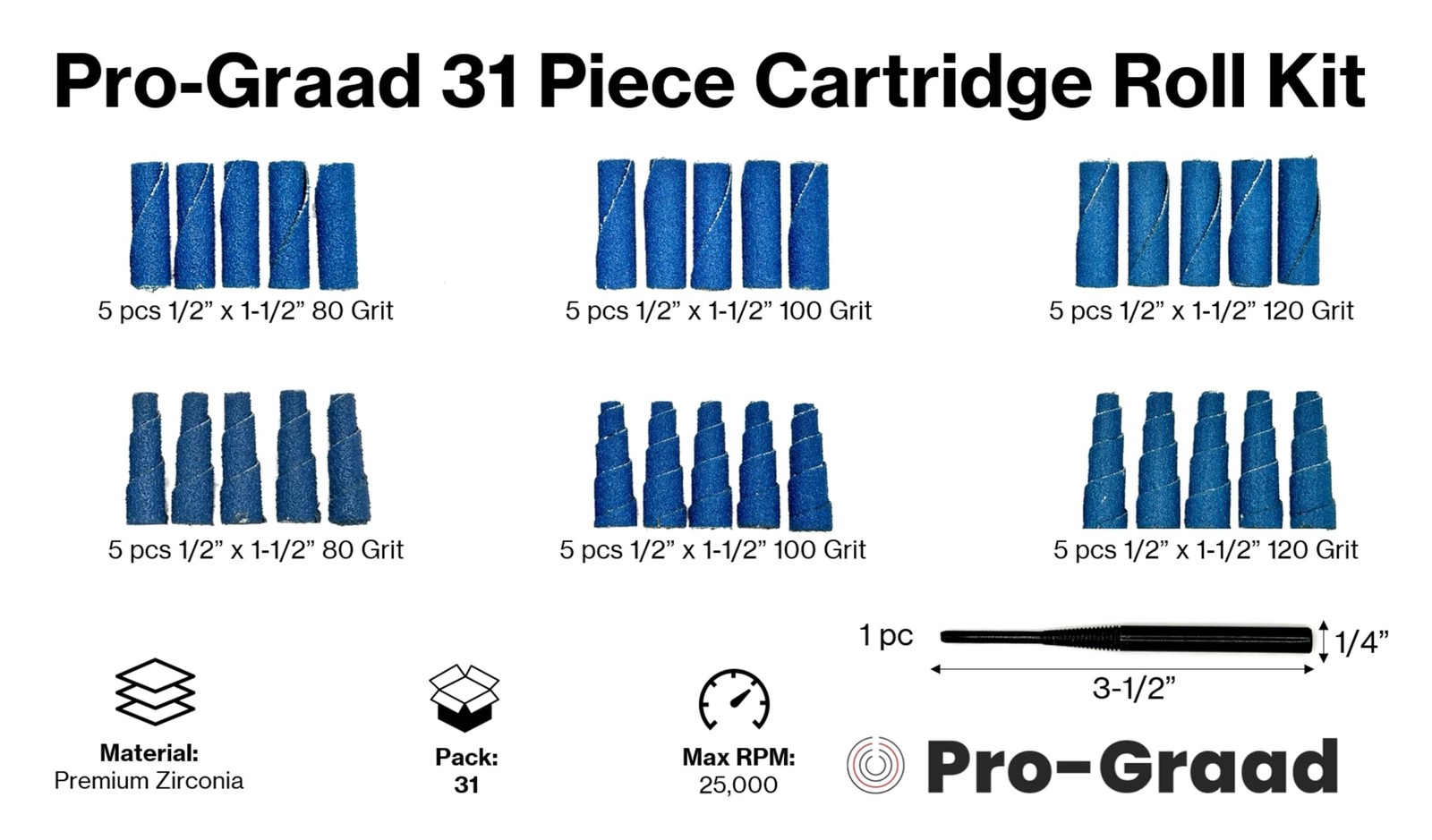 Pro-Graad 31 Piece Zirconia Abrasive Sanding Cartridge Spiral Roll Sander Kit,