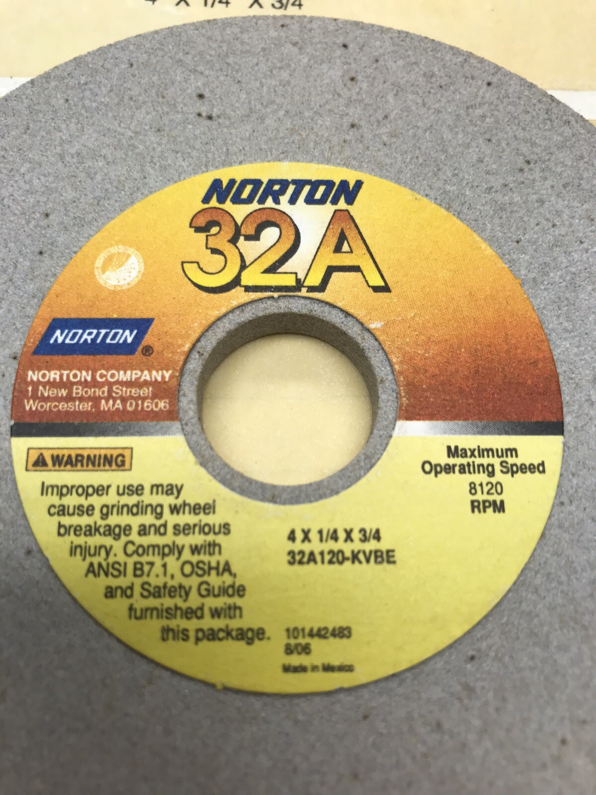 1 pc. NORTON ABRASIVE #66243536133 4 x 1/4 x 3/4” 32A120-KVBE TOOLROOM WHEEL