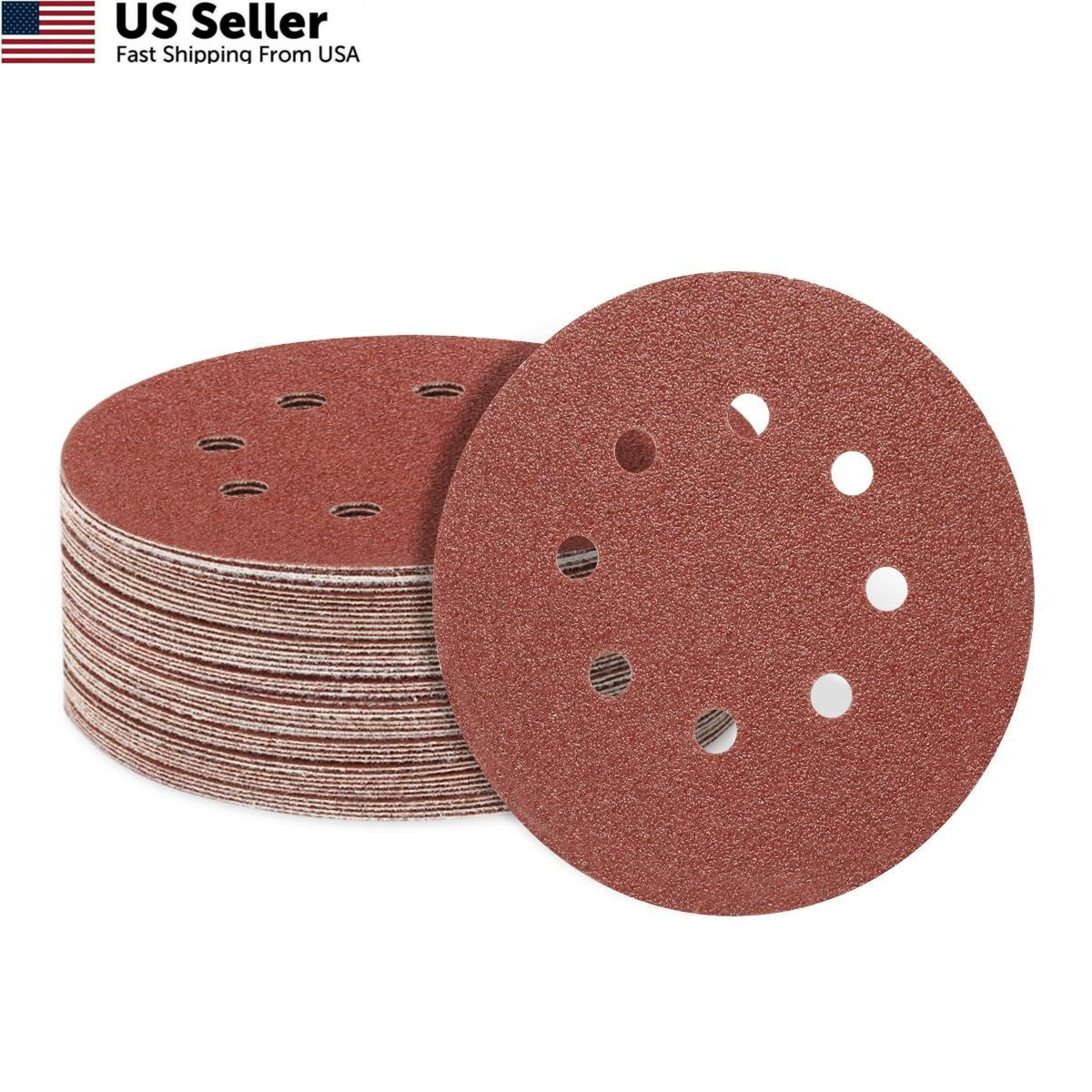 SUPBICCO 50 PCS 60 Grit 5 Inch 8 Hole Sanding Discs, Hook and Loop Round Gold