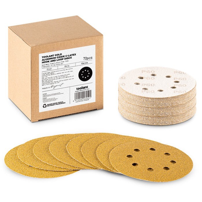 70pcs 5 Inch 8 Hole 60 Grit Sandpaper Sanding Discs Hook & Loop Wood & Metal