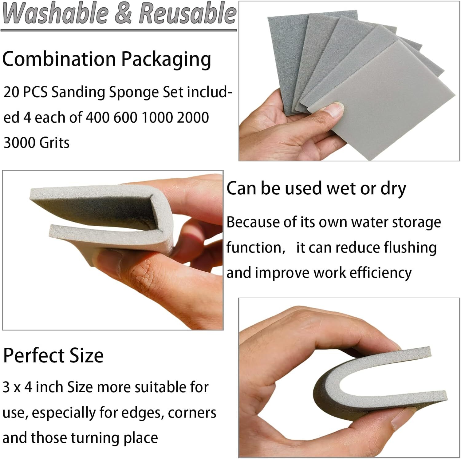 20 Pcs 3 X 4 Inch 400-3000 Grit Sanding Sponge Set Ultra Fine Sanding Sponges P