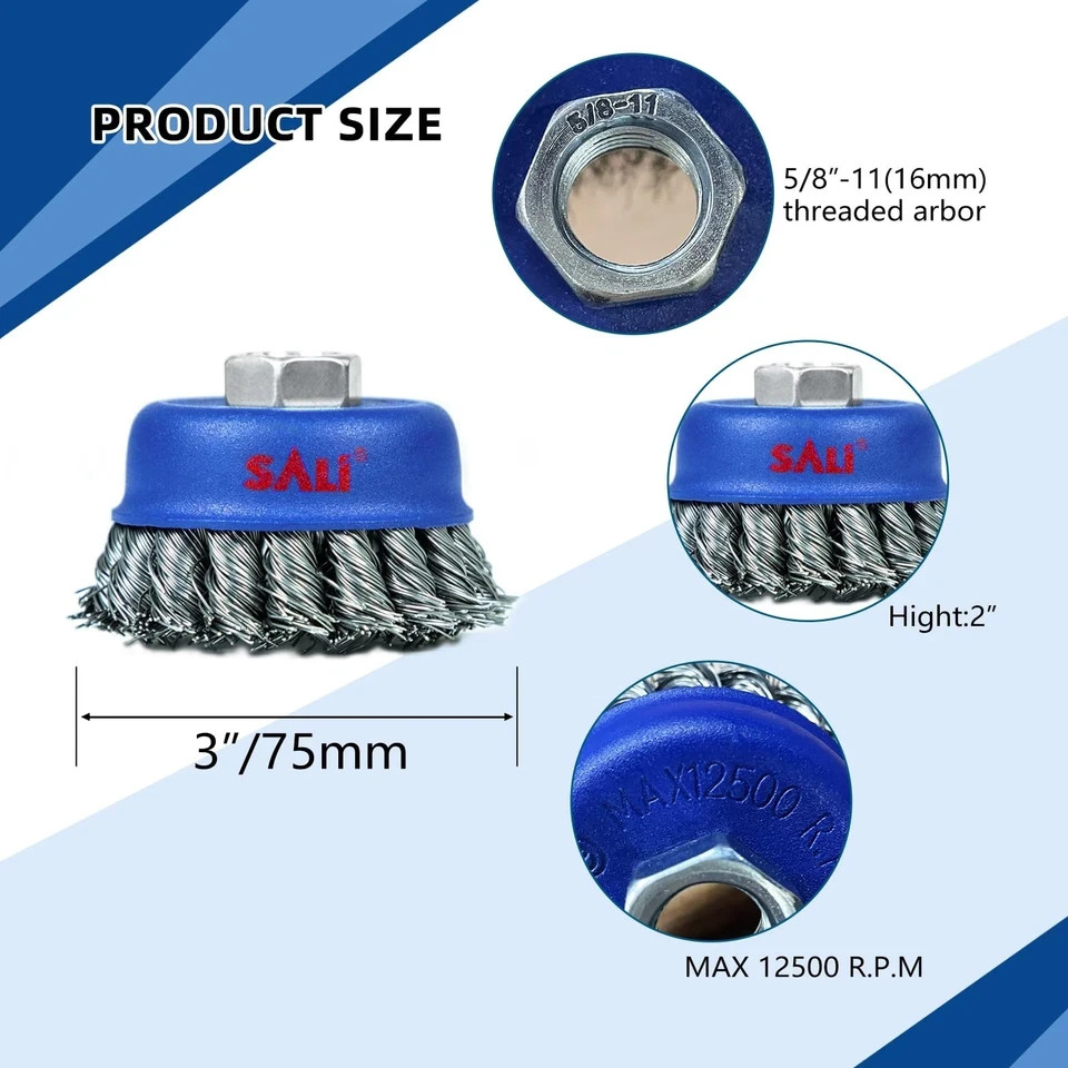 Sali 6 Pack Wire Cup Brush 3 Inch Twisted Knotted Cup Brush For Grinders 5/8-11