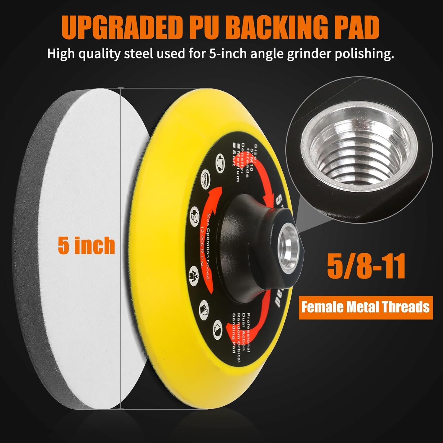 Upgraded 5 Inch Hook and Loop Backing Pad Plate 5/8-11 Threads, Angle Grinder Sa