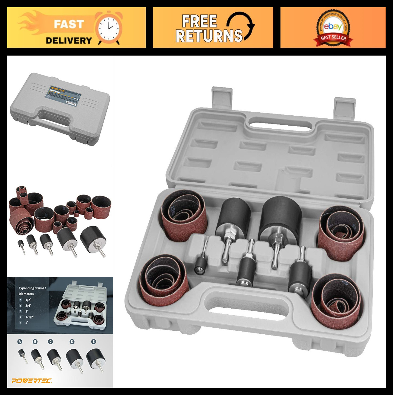 25-Piece Drill Press Sanding Drum Kit w/ ¼ & 1/8 Inch Shanks, Spindle Sleeves, C
