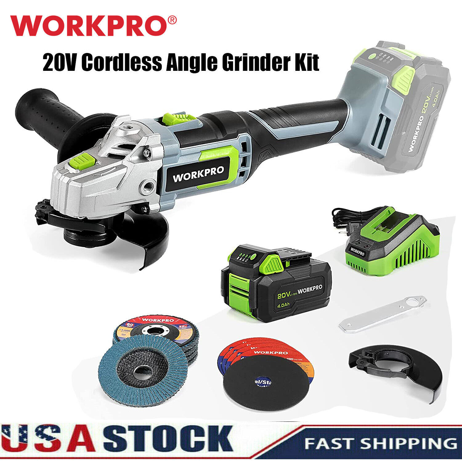 WORKPRO 20V Cordless Angle Grinder Kit Tool 4.5-in Cut-Off Wheels Grit Flap Disc