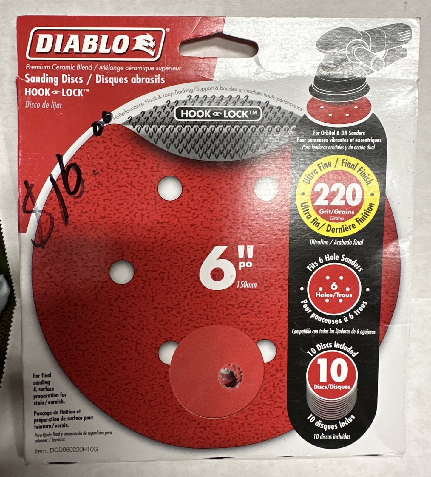 Diablo 6 in.Ceramic Blend Hook/Lock Sanding Disc 220 Grit Ultra Fine 10 pack BB