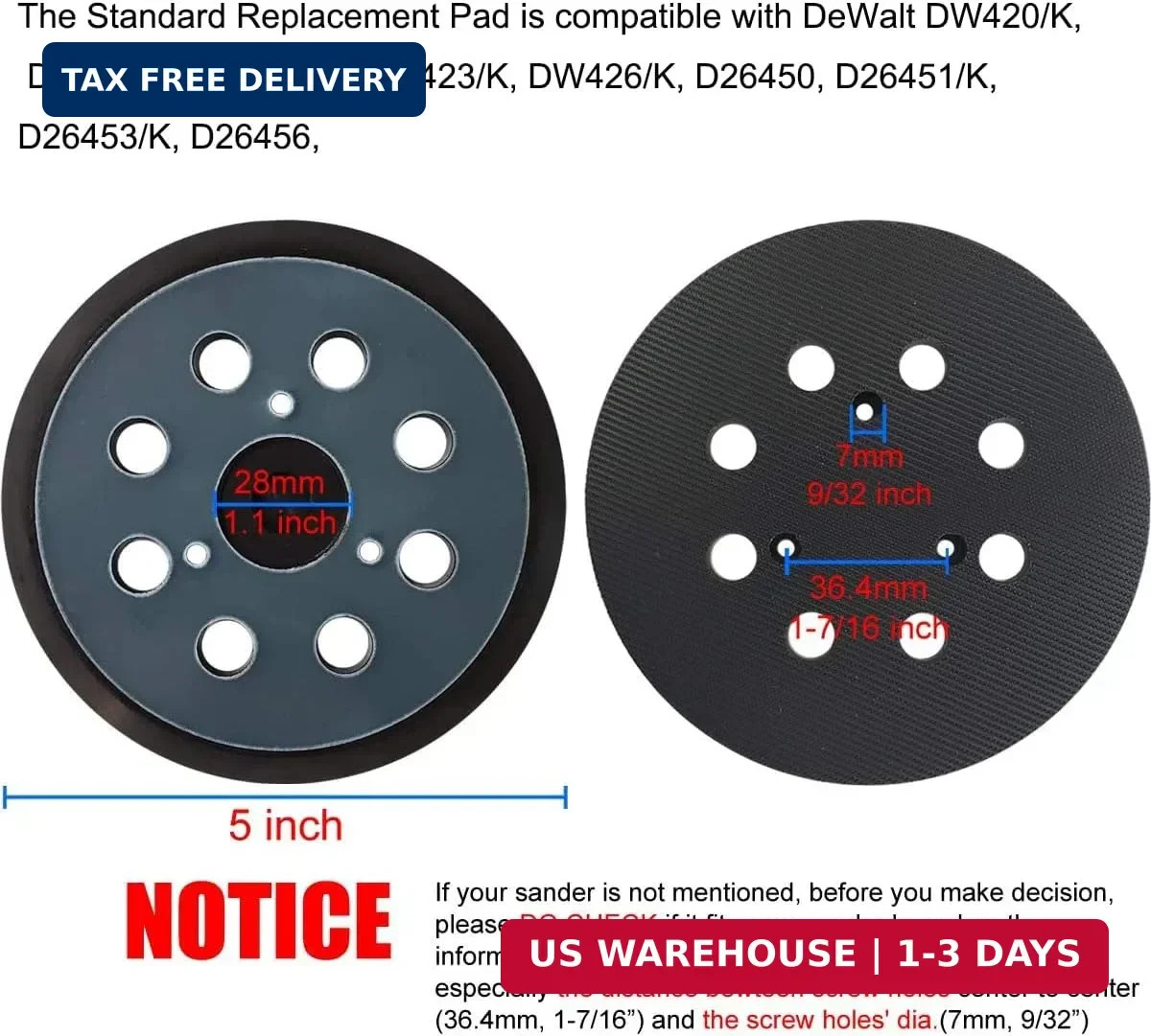 5 inch 8 Hole Hook and Loop Replacement Sander Pad for DeWalt DW420, DW421, Dw42