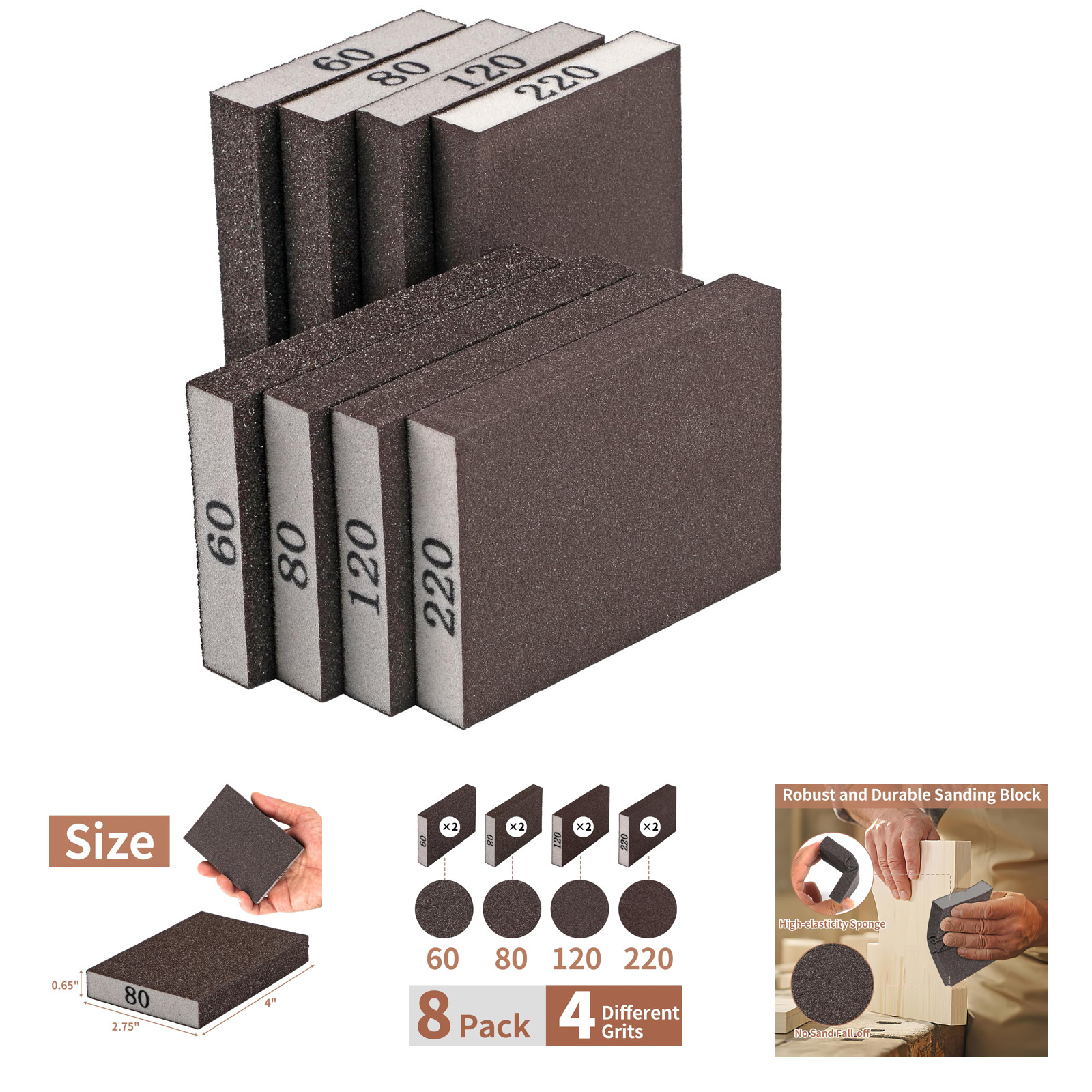 Sanding Sponge Pack 4 Grits 60 80 120 220 Assortment Reusable for Wood Metal