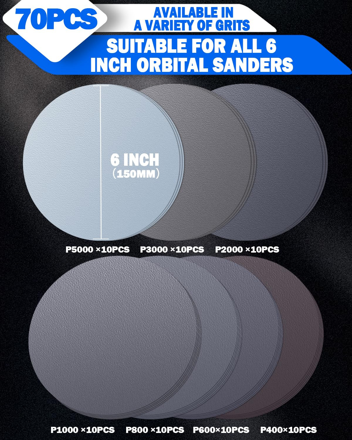 70Pcs 6 Inch Wet Dry Sanding Paper Discs Hook and Loop, 5000 3000 2000 1000 800