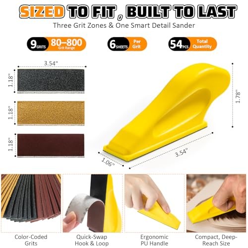 54pc Micro Detail Sander Block Kit, 80-800 Grit Sandpaper, Wood Crafts