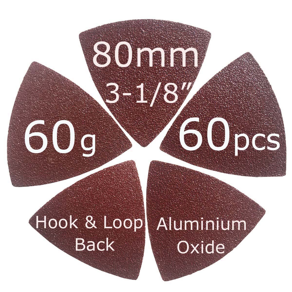 31/8″ 80mm 60 Pcs 60 Grits Triangular Hook & Loop Abrasive Multi Tool Sandpaper