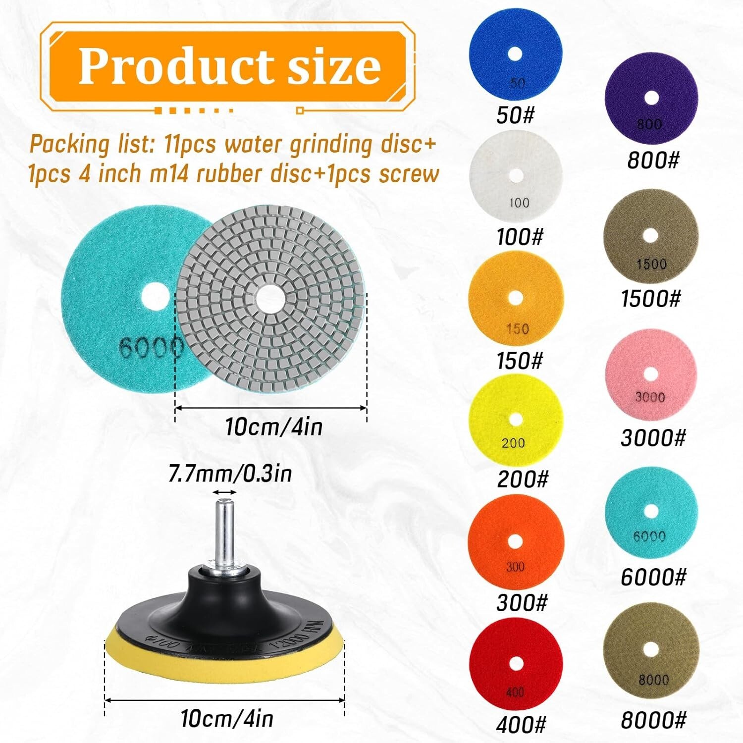 Kit 13Pzs Almohadillas Diamante 4″ 50–8000 Grit para Granito Mármol Hormigón