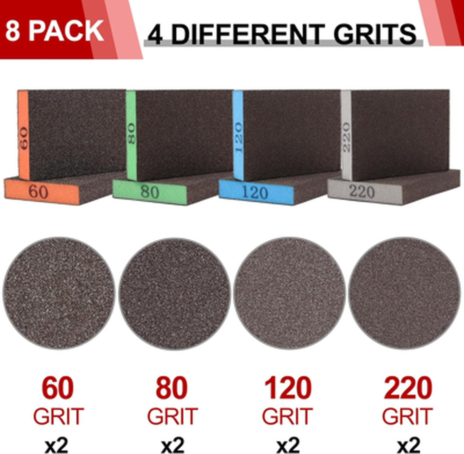 Sanding Sponge Assortment 8 Pack Includes 60 80 120 220 Grit Reusable for