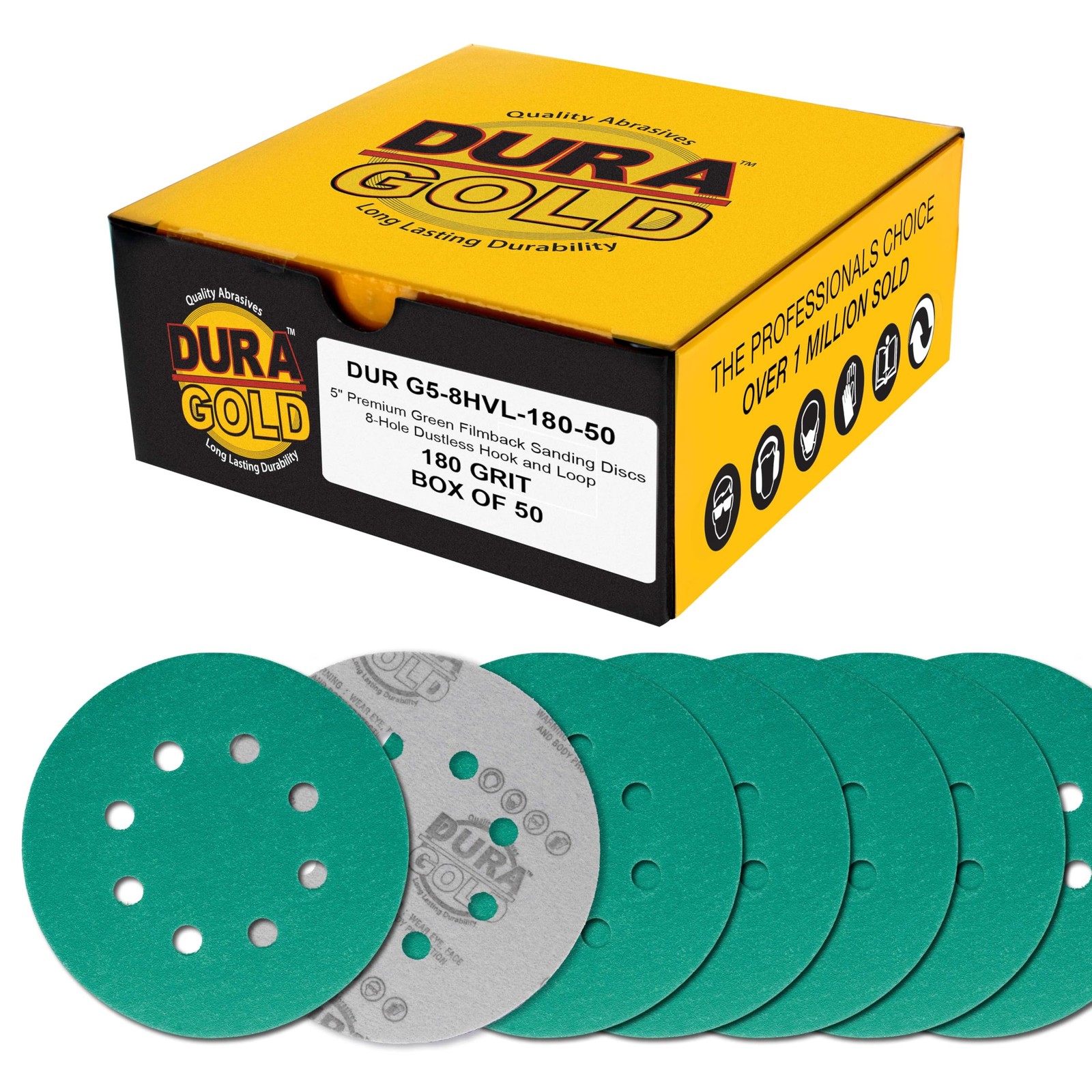 Dura-Gold Premium 180 Grit 5″ Green Film Sanding Discs, 5 inches,