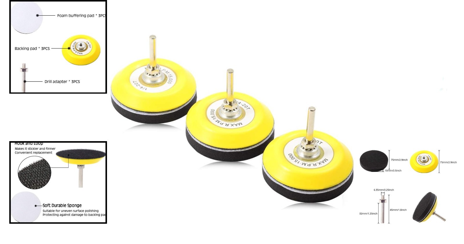 Hook and Loop Sanding Discs Pad Kit 3 Packs 3 Inches with Soft Foam Layer Buf…