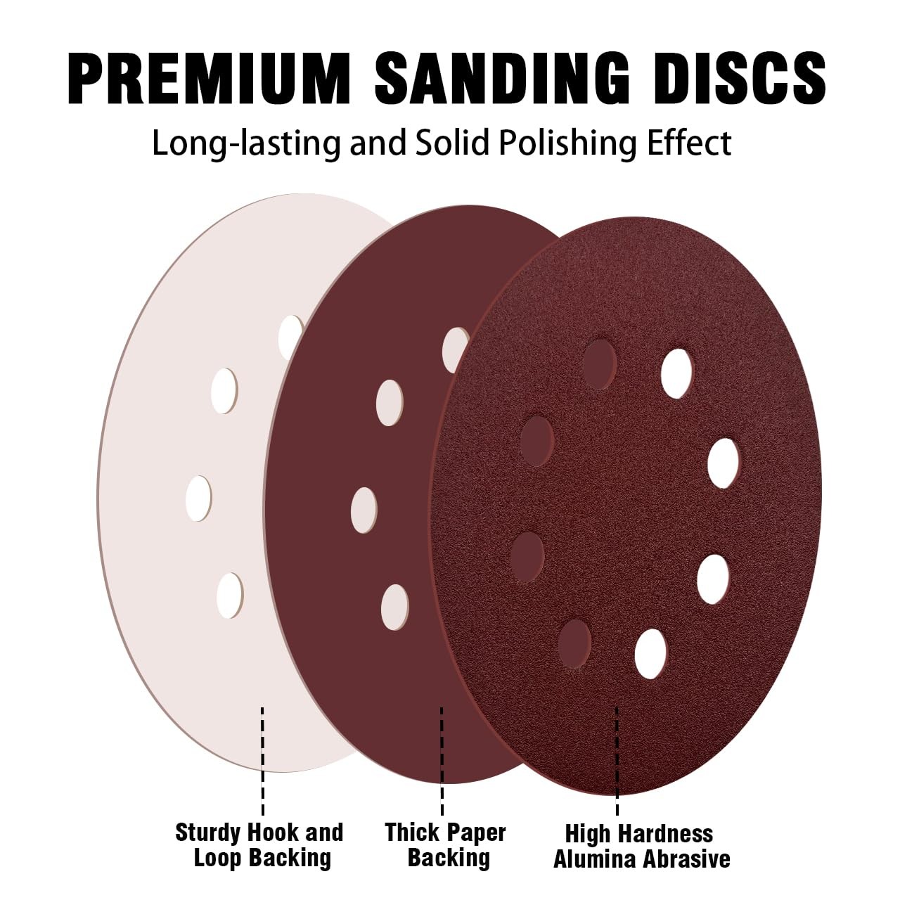 52 Pack 5 Inch 8-Hole Hook and Loop Sanding Discs Sandpaper Red 5 inches