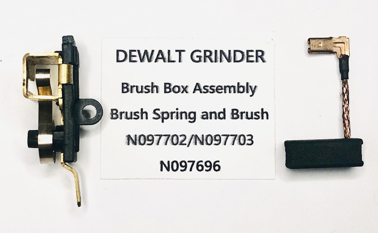 1 DeWalt Brush Box Assem. N097702 W/Spring N097703 and 1 Carbon Brush N097696