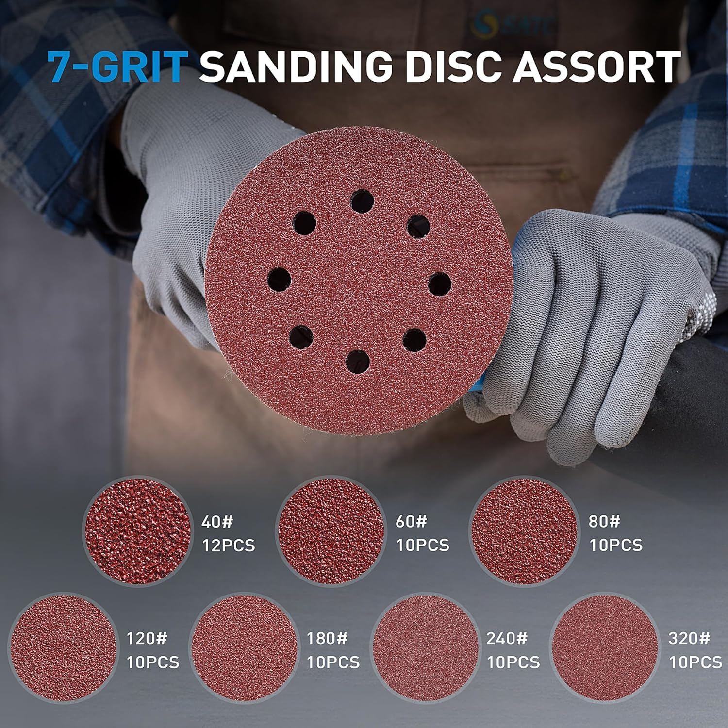 S SATC 72 PCS 5 Inch 8 Hole Hook and Loop Adhesive Sanding Discs Sandpaper for R