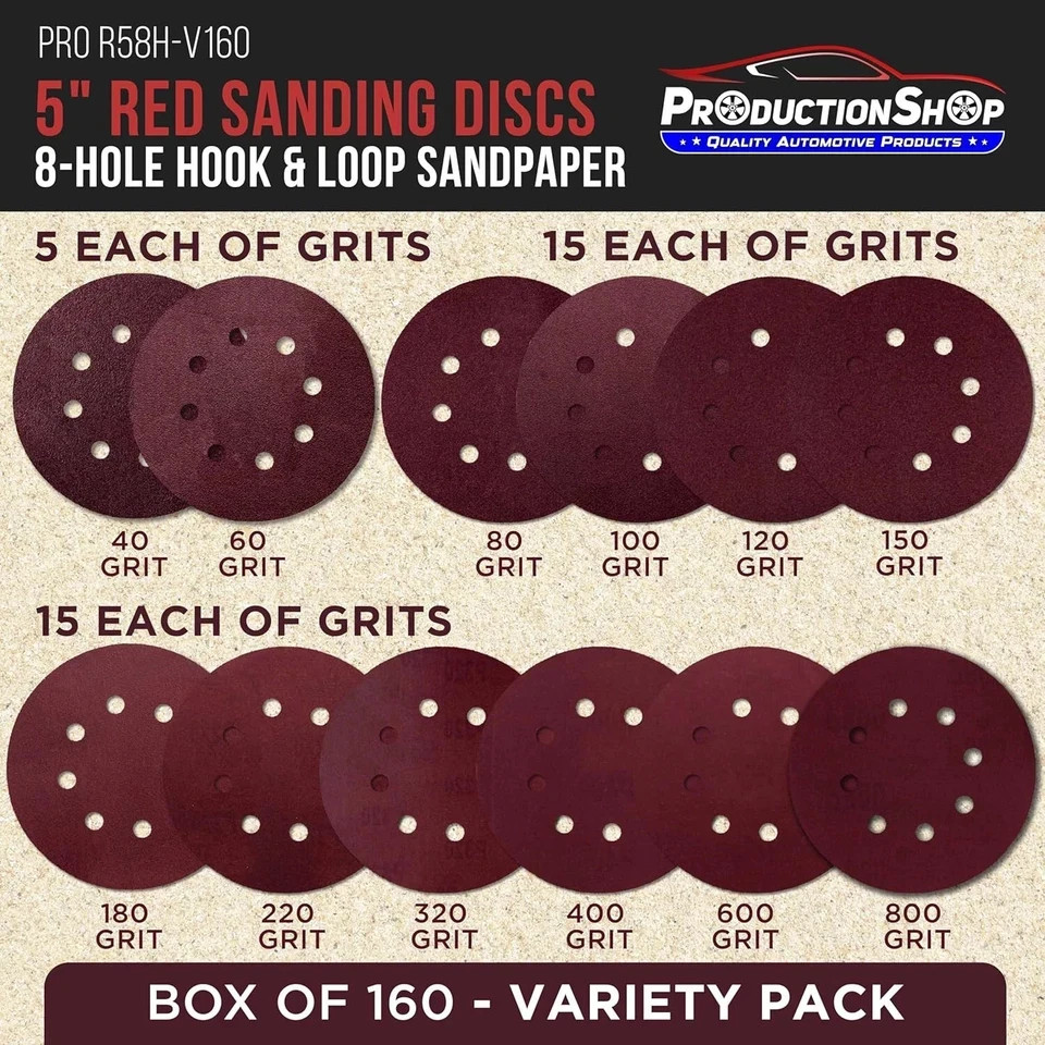 160 Pack 5 inch Sanding Discs 8-Hole Red Variety Pack Grit, Hook ,Loop Sandpaper