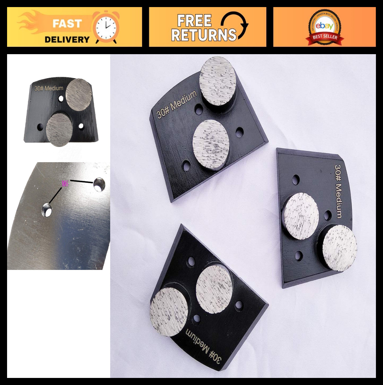 3-Pack Trapazoidal Diamond Grinding Discs for Concrete | Grit 30# Medium Bond
