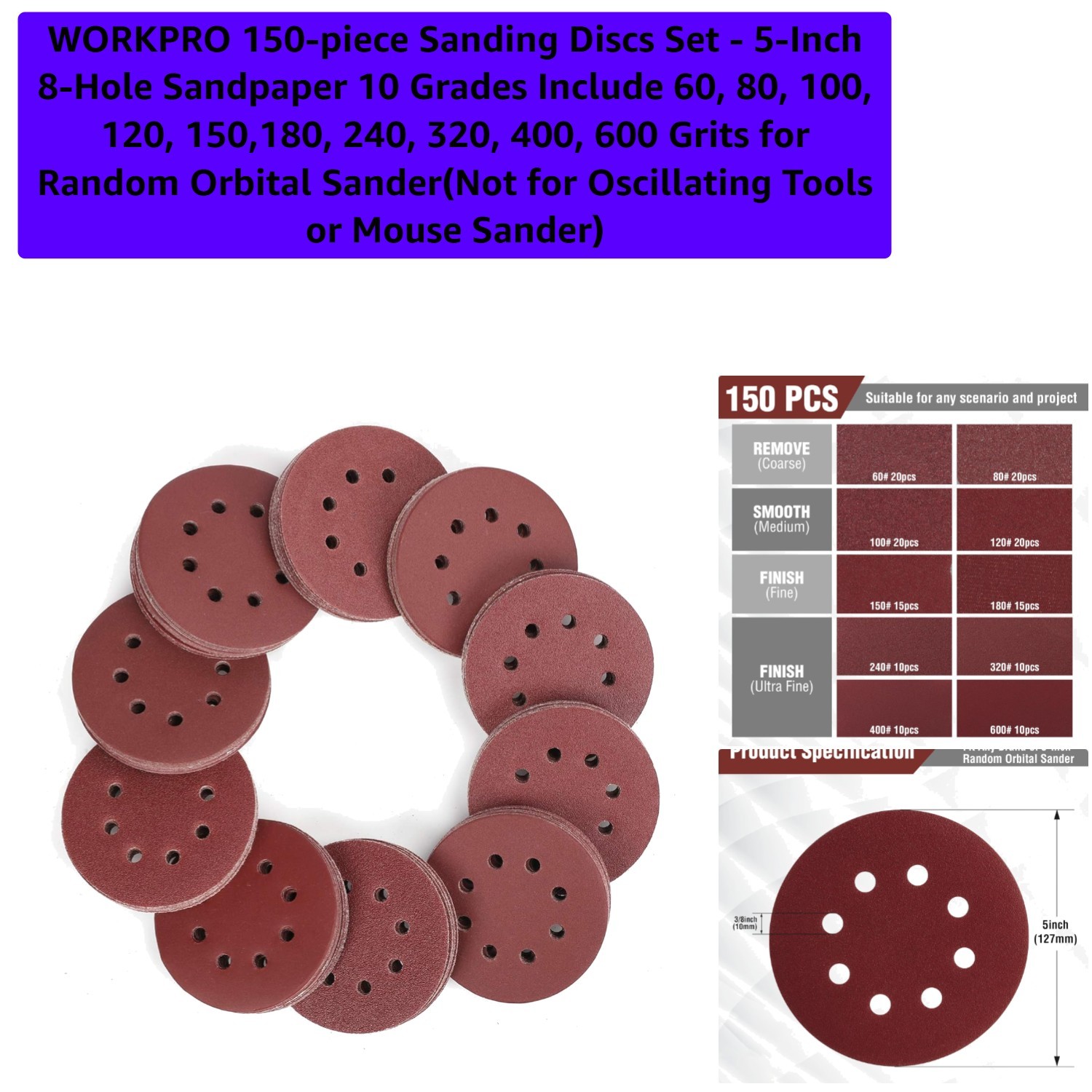 150-piece Sanding Discs Set – 5-Inch 8-Hole Sandpaper 10 Grades Include 60, 8…