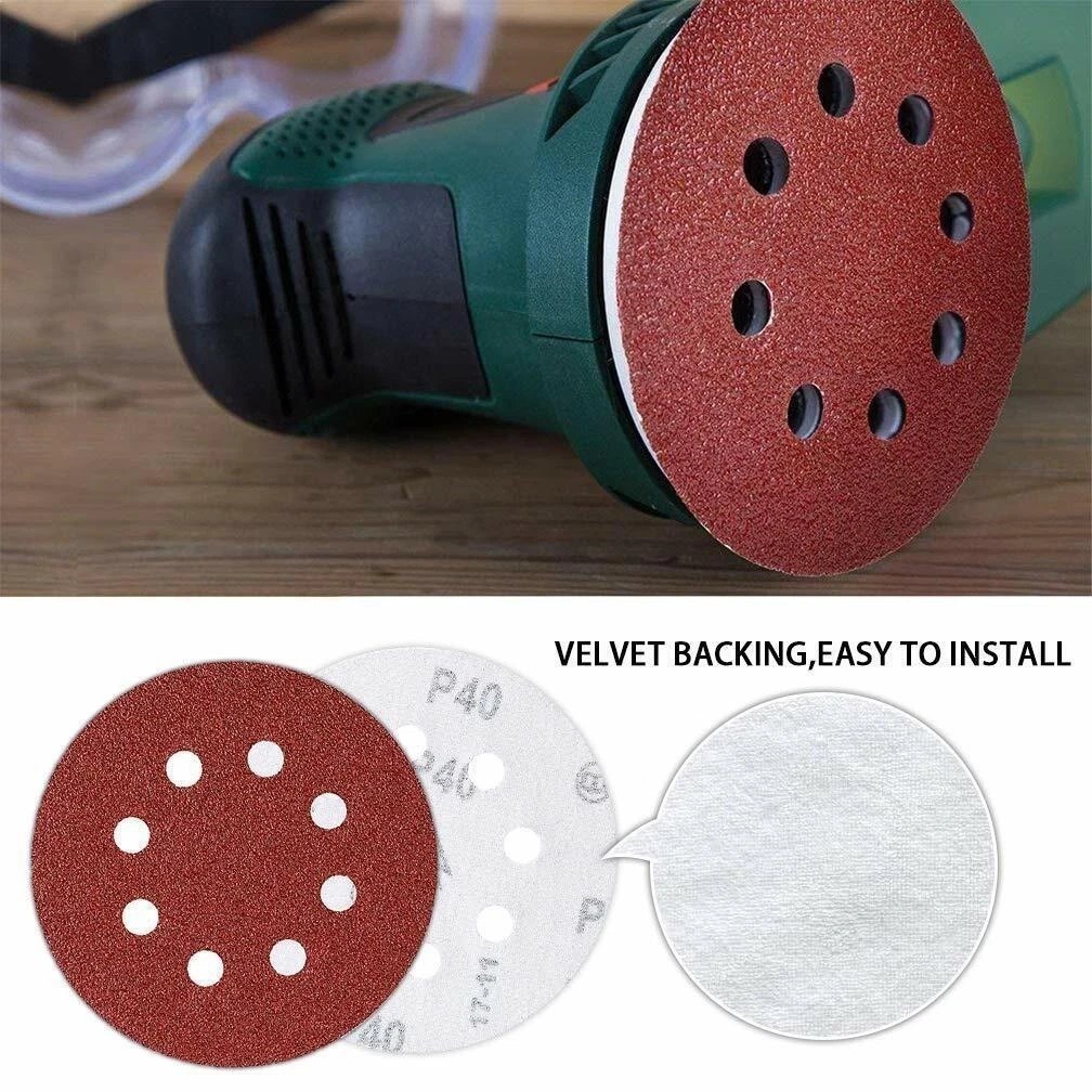 100Pack 5in 8 Hole Sanding Discs Orbital Sandpaper Hook and Loop Assortment Grit