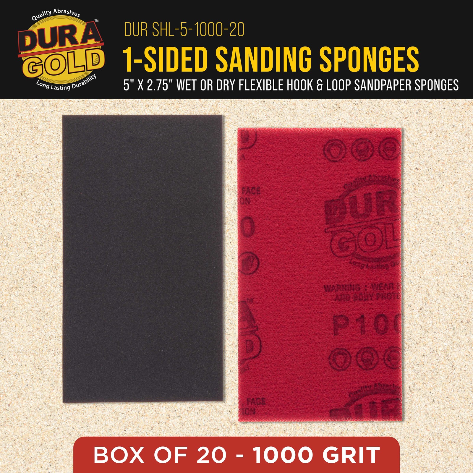 Dura Gold 1000 Grit 5″ x 2-3/4″ Sanding Sponges, Box of 10 – Hook & Loop Wet/Dry