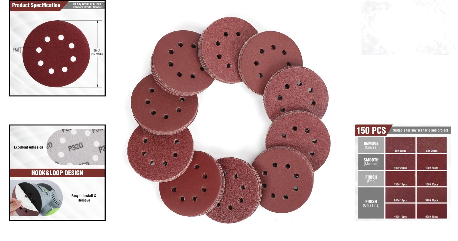 150-Piece 5-Inch Sanding Discs Set 10 Grits for Orbital Sander Includes 60-60…