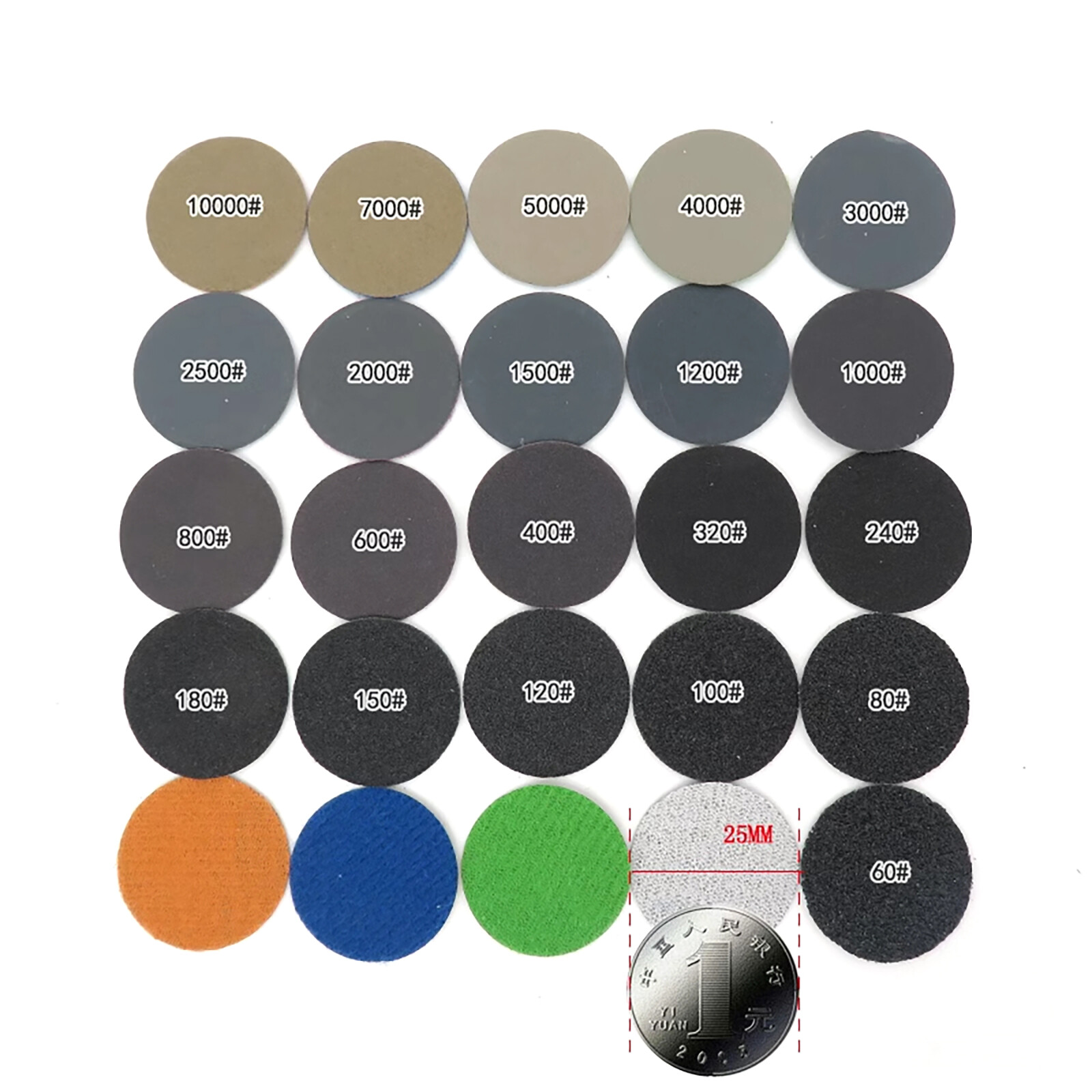 25mm Wet and Dry Sanding Discs 1 inch Sandpaper Hook and Loop Pads 60-10000 Grit