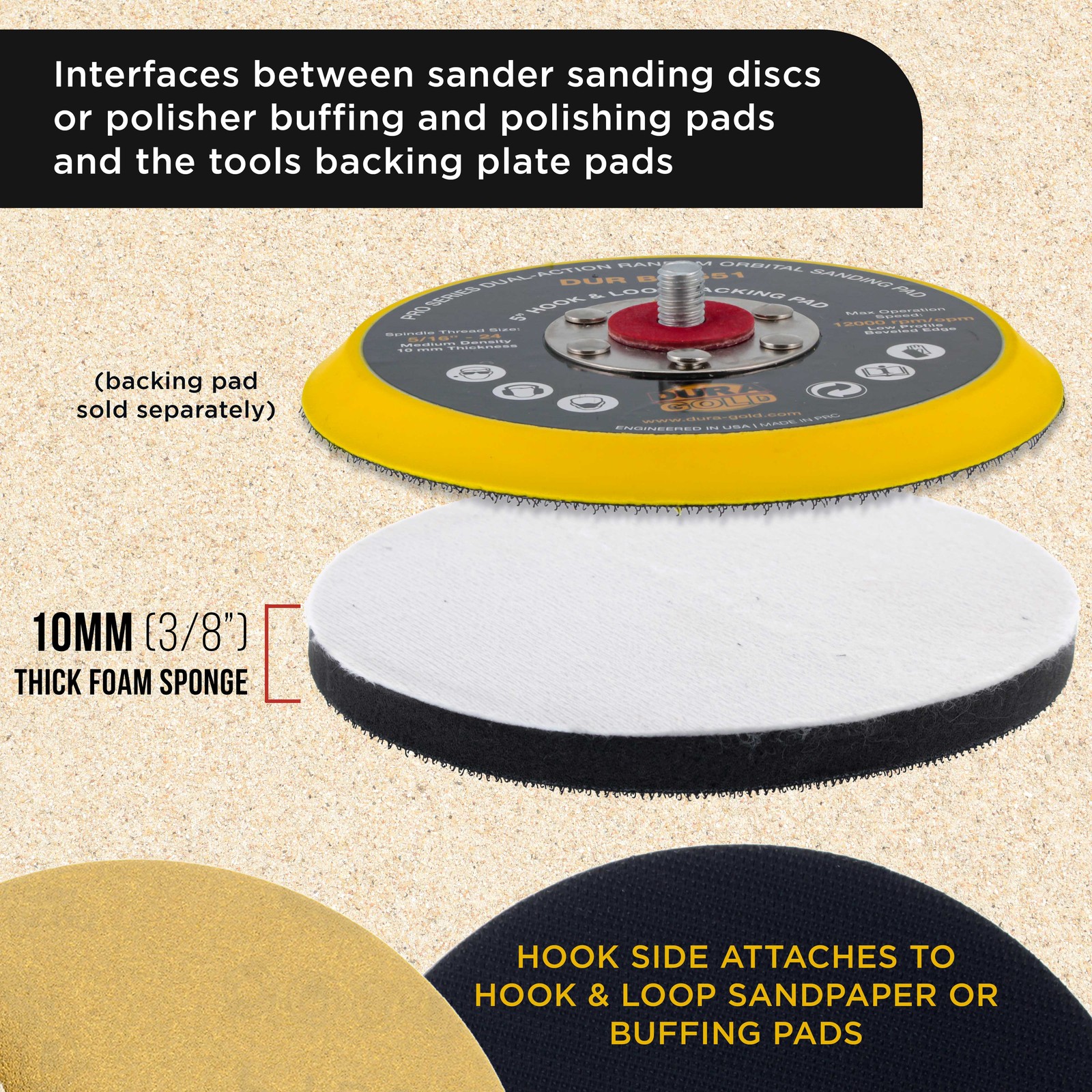 2 Dura-Gold 5″ x 10mm Soft Density Interface Pads For Hook & Loop Sander Discs