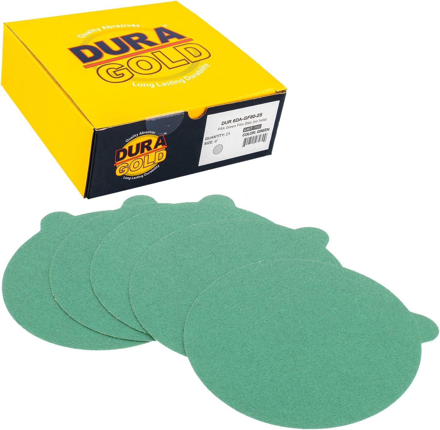 Dura-Gold Premium 6″ Green Film PSA Sanding Discs – 80 Grit (Box of 25) – Self A