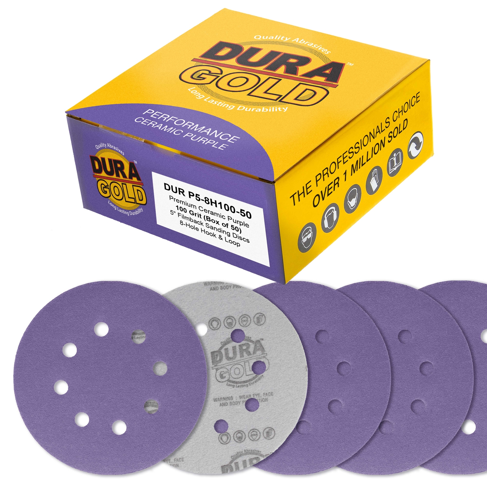 100 Grit 5″ Ceramic Sanding Discs, 8-Hole, Box of 50 – Hook & Loop Sandpaper
